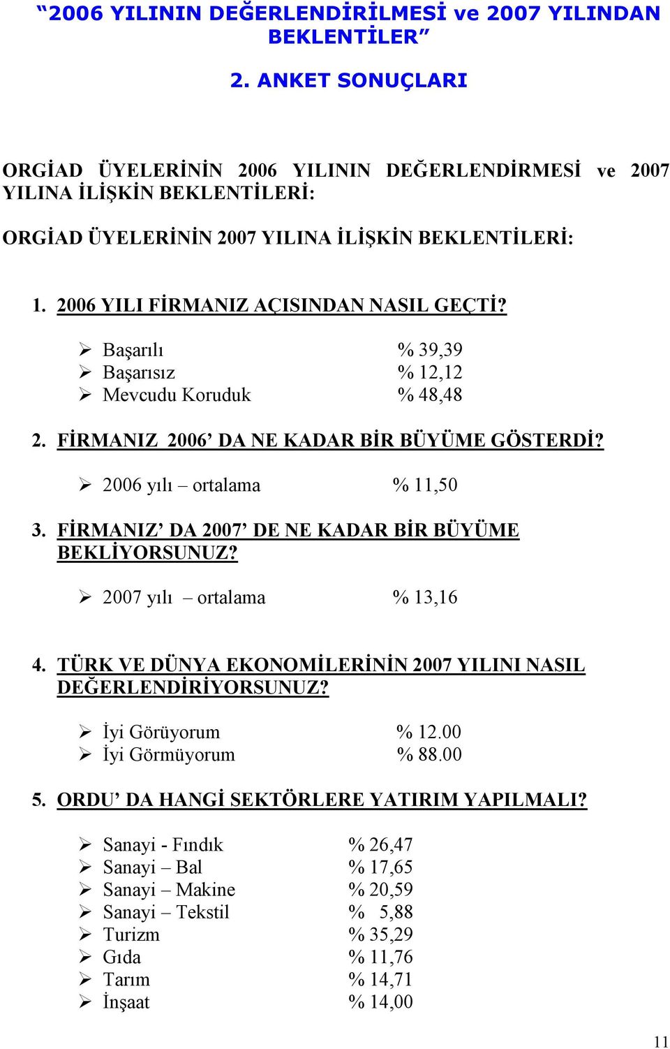 Başarılı % 39,39 Başarısız % 12,12 Mevcudu Koruduk % 48,48 2. FĐRMANIZ 2006 DA NE KADAR BĐR BÜYÜME GÖSTERDĐ? 2006 yılı ortalama % 11,50 3. FĐRMANIZ DA 2007 DE NE KADAR BĐR BÜYÜME BEKLĐYORSUNUZ?