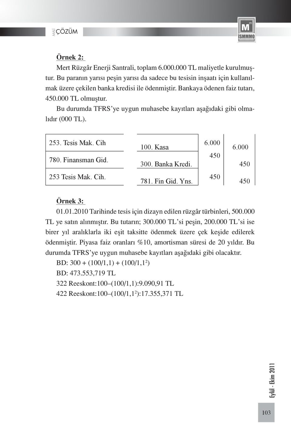 Bu durumda TFRS ye uygun muhasebe kayıtları aşağıdaki gibi olmalıdır (000 TL). 253. Tesis Mak. Cih 780. Finansman Gid. 100. Kasa 300. Banka Kredi. 6.000 450 6.000 450 253 Tesis Mak. Cih. 781. Fin Gid.