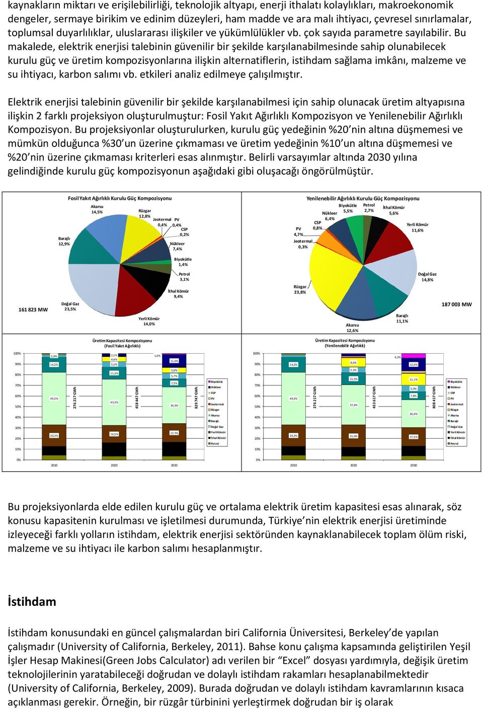 Bu makalede, elektrik enerjisi talebinin güvenilir bir şekilde karşılanabilmesinde sahip olunabilecek kurulu güç ve üretim kompozisyonlarına ilişkin alternatiflerin, istihdam sağlama imkânı, malzeme