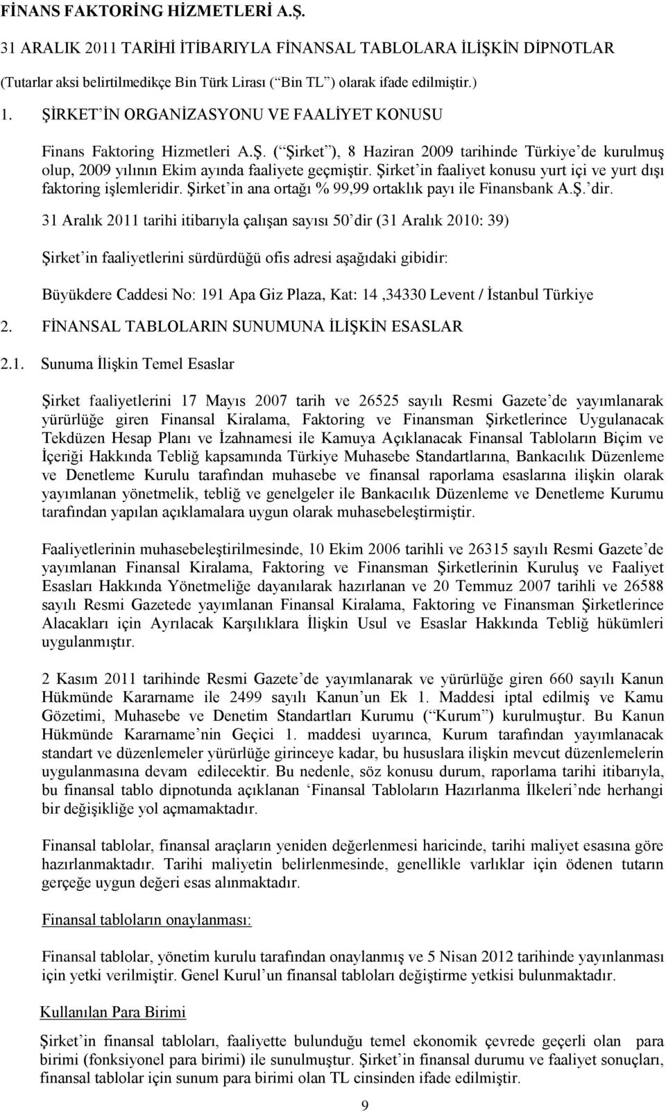 31 Aralık 2011 tarihi itibarıyla çalışan sayısı 50 dir (31 Aralık 2010: 39) Şirket in faaliyetlerini sürdürdüğü ofis adresi aşağıdaki gibidir: Büyükdere Caddesi No: 191 Apa Giz Plaza, Kat: 14,34330