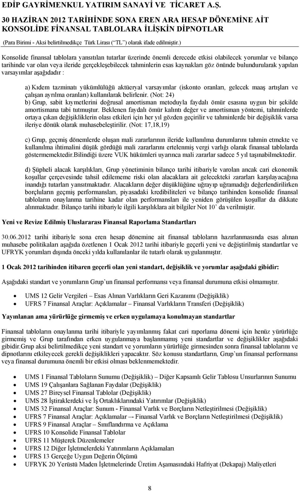 belirlenir. (Not: 24) b) Grup, sabit kıymetlerini doğrusal amortisman metoduyla faydalı ömür esasına uygun bir şekilde amortismana tabi tutmuştur.