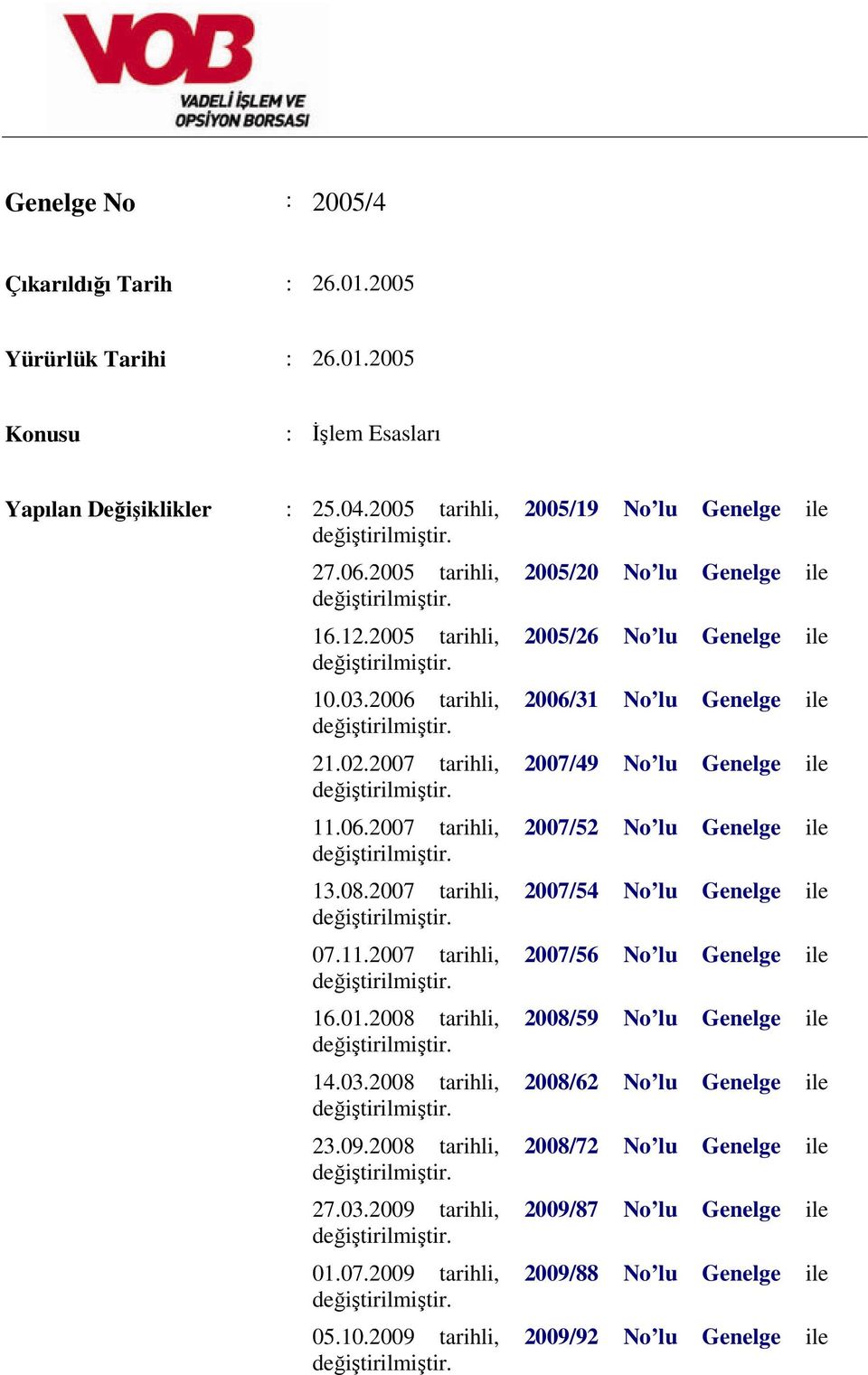 08.2007 tarihli, 2007/54 No lu Genelge ile 07.11.2007 tarihli, 2007/56 No lu Genelge ile 16.01.2008 tarihli, 2008/59 No lu Genelge ile 14.03.2008 tarihli, 2008/62 No lu Genelge ile 23.09.