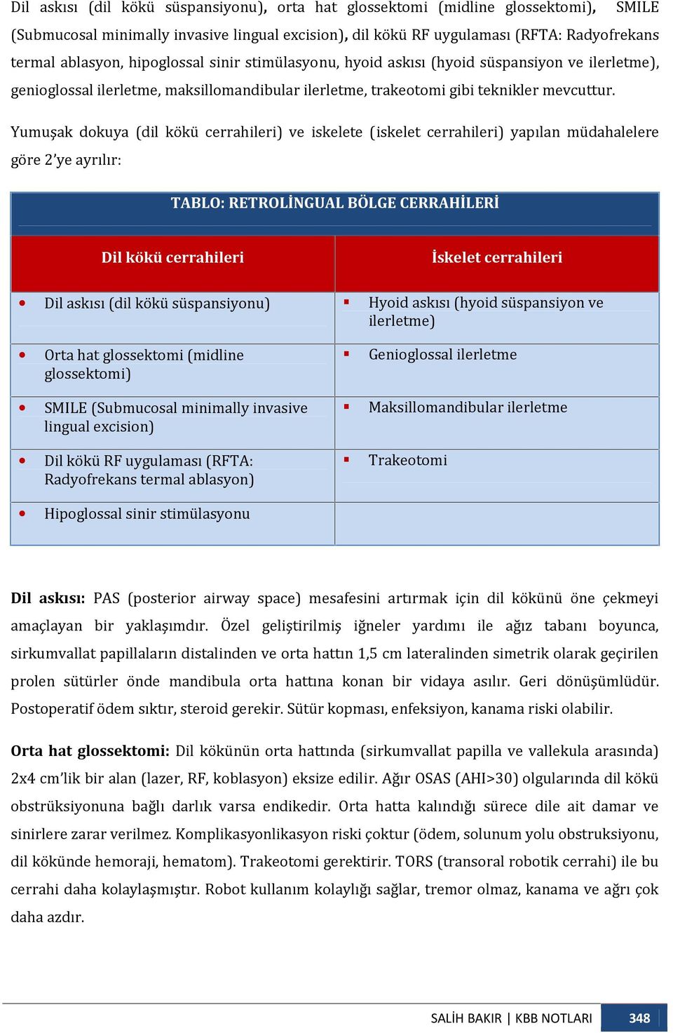 Yumuşak dokuya (dil kökü cerrahileri) ve iskelete (iskelet cerrahileri) yapılan müdahalelere göre 2 ye ayrılır: TABLO: RETROLİNGUAL BÖLGE CERRAHİLERİ Dil kökü cerrahileri İskelet cerrahileri Dil