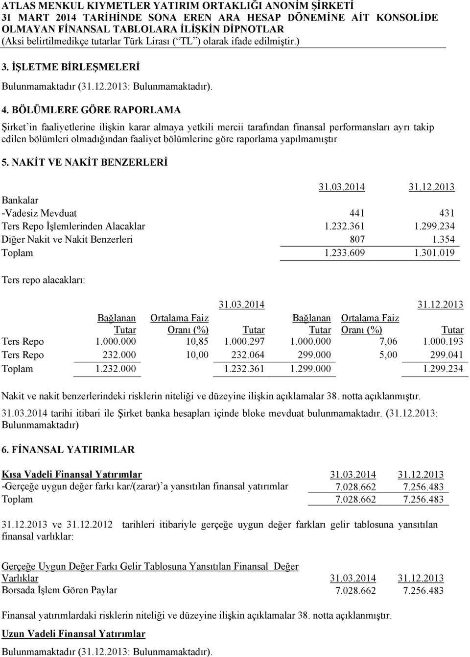 yapılmamıştır 5. NAKİT VE NAKİT BENZERLERİ 31.03.2014 31.12.2013 Bankalar -Vadesiz Mevduat 441 431 Ters Repo İşlemlerinden Alacaklar 1.232.361 1.299.234 Diğer Nakit ve Nakit Benzerleri 807 1.