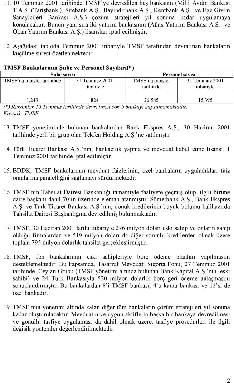 Aşağıdaki tabloda Temmuz itibariyle TMSF tarafından devralınan bankaların küçülme süreci özetlenmektedir.