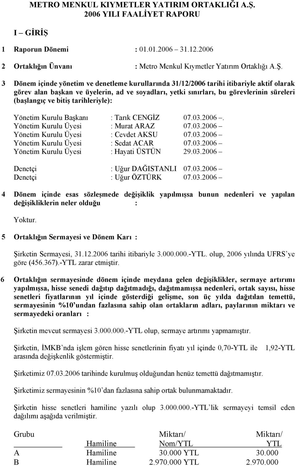 1 Raporun Dönemi : 01.01.2006 31.12.2006 2 Ortaklığın Ünvanı : Metro Menkul Kıymetler Yatırım Ortaklığı A.Ş.