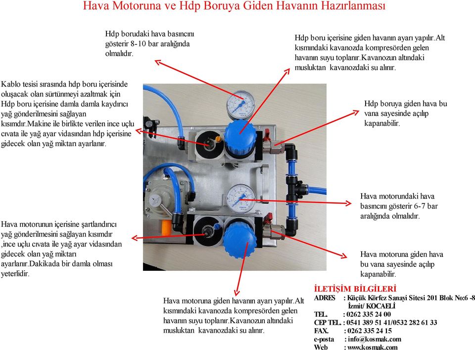 Hdp borudaki hava basıncını gösterir 8-10 bar aralığında olmalıdır. Hdp boru içerisine giden havanın ayarı yapılır.alt kısmındaki kavanozda kompresörden gelen havanın suyu toplanır.