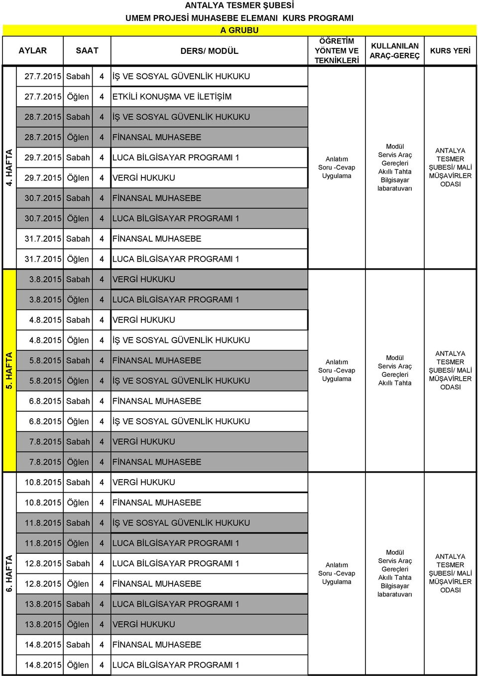 2015 Sabah 4 VERGİ HUKUKU 3.8.2015 Öğlen 4 LUCA BİLGİSAYAR PROGRAMI 1 4.8.2015 Sabah 4 VERGİ HUKUKU 4.8.2015 Öğlen 4 İŞ VE SOSYAL GÜVENLİK HUKUKU 5. HAFTA 5.8.2015 Sabah 4 FİNANSAL MUHASEBE 5.8.2015 Öğlen 4 İŞ VE SOSYAL GÜVENLİK HUKUKU 6.