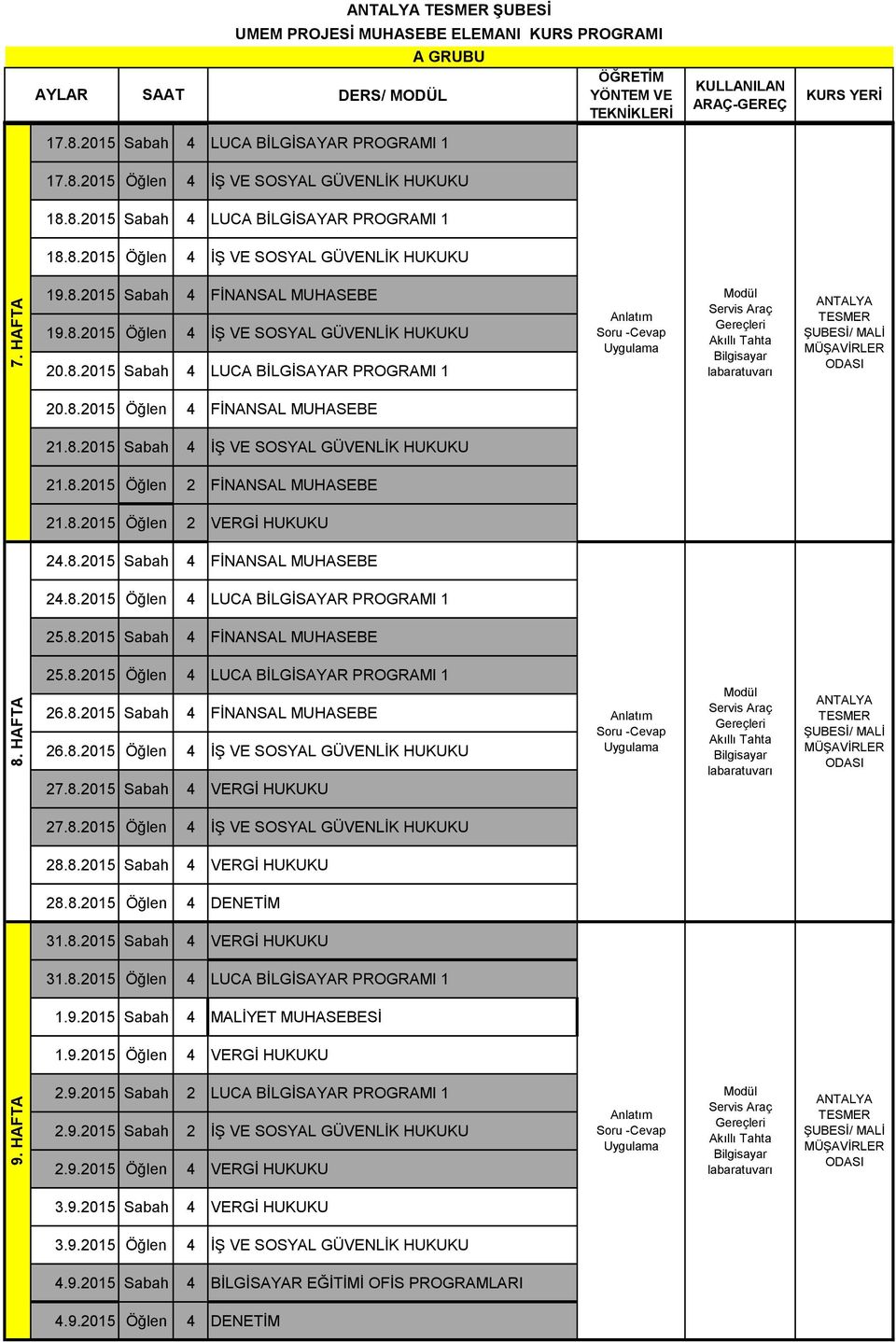 8.2015 Öğlen 2 FİNANSAL MUHASEBE 21.8.2015 Öğlen 2 VERGİ HUKUKU 24.8.2015 Sabah 4 FİNANSAL MUHASEBE 24.8.2015 Öğlen 4 LUCA BİLGİSAYAR PROGRAMI 1 25.8.2015 Sabah 4 FİNANSAL MUHASEBE 8. HAFTA 25.8.2015 Öğlen 4 LUCA BİLGİSAYAR PROGRAMI 1 26.