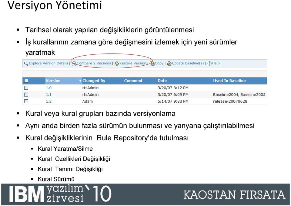 anda birden fazla sürümün bulunması ve yanyana çalıştırılabilmesi Kural değişikliklerinin Rule