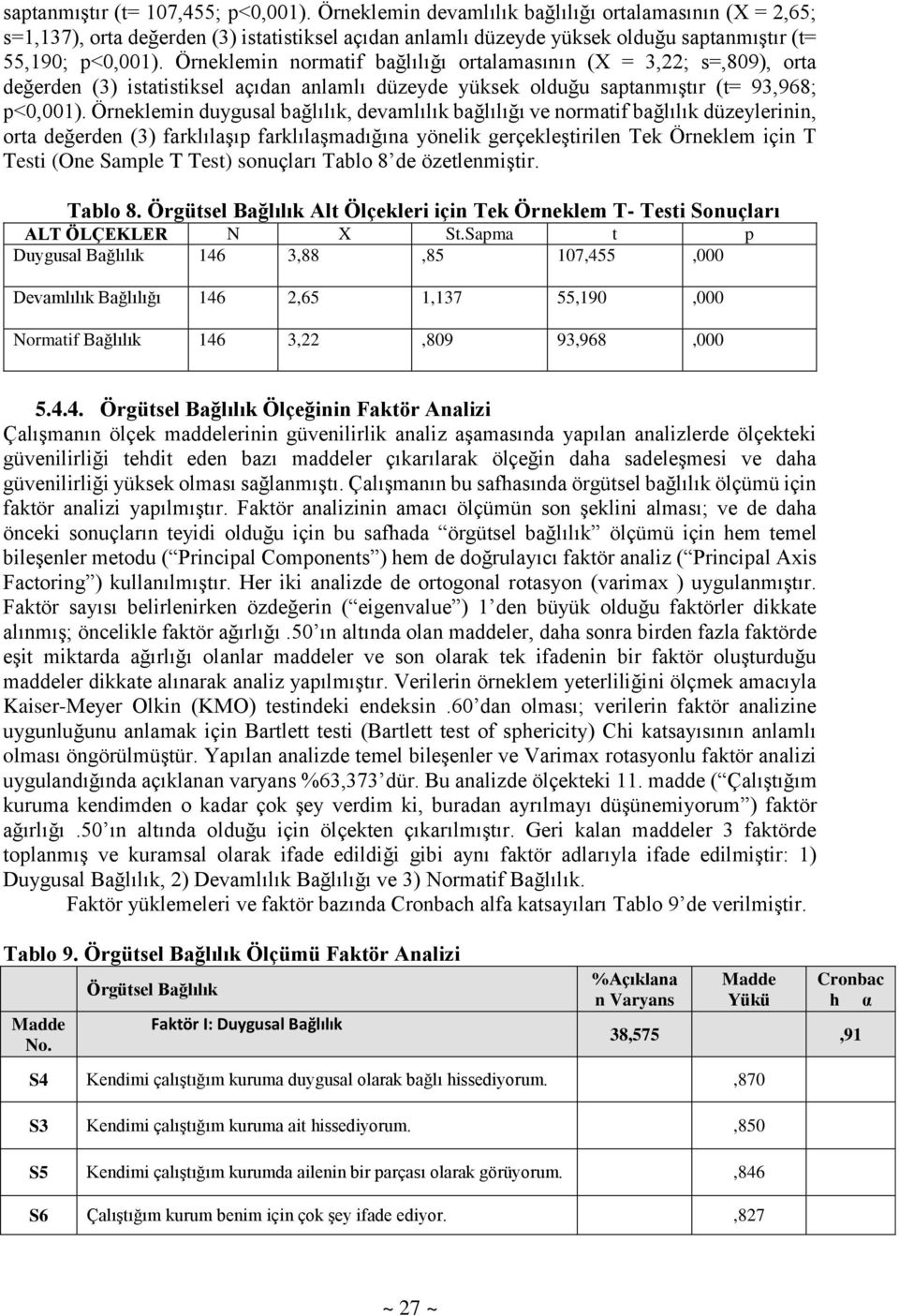 Örneklemin normatif bağlılığı ortalamasının (Χ = 3,22; s=,809), orta değerden (3) istatistiksel açıdan anlamlı düzeyde yüksek olduğu saptanmıştır (t= 93,968; p<0,001).