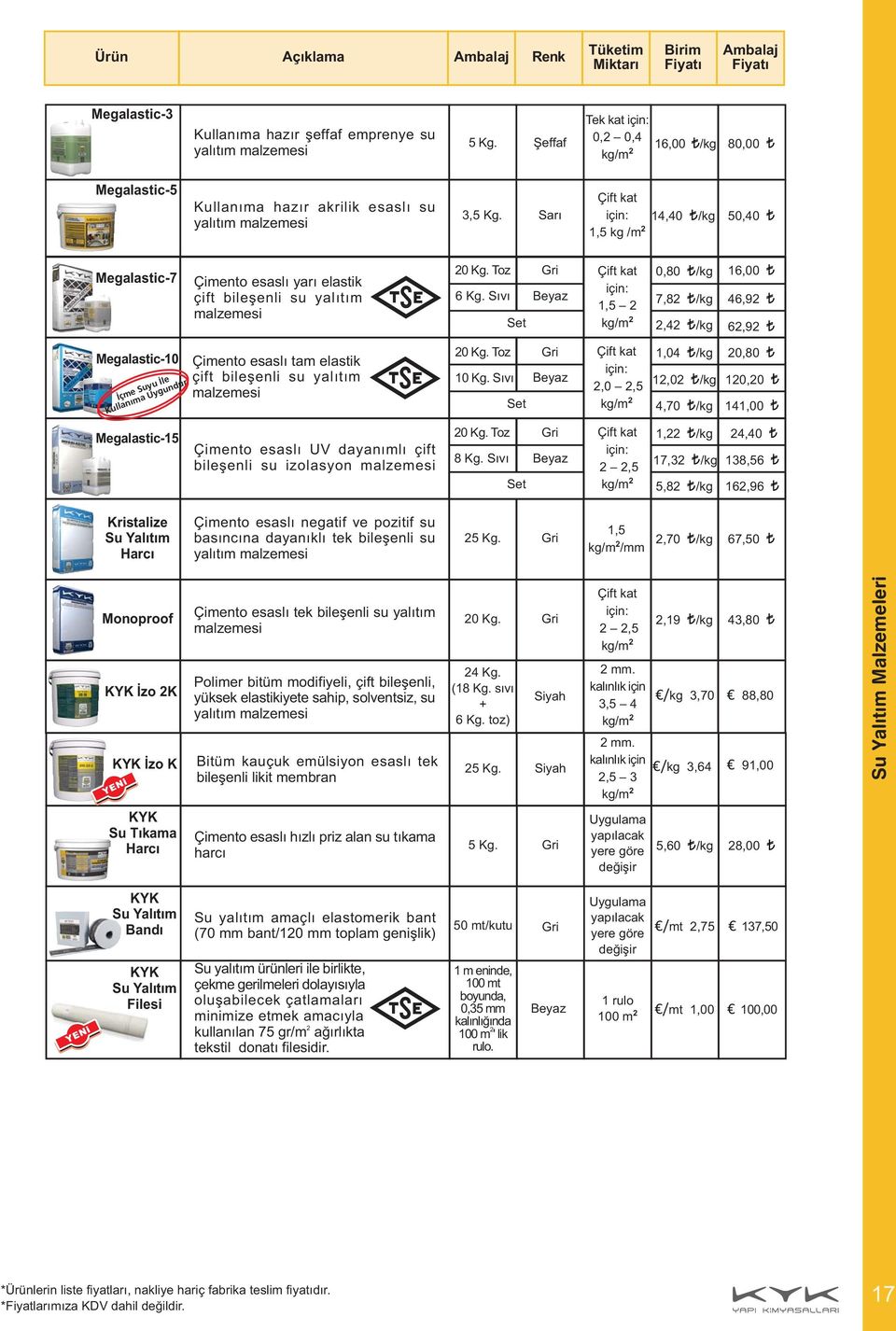 Sarý Çift kat için: 1,5 kg /m 2 14,40 /kg 50,40 Megalastic-7 Çimento esaslý yarý elastik çift bileþenli su yalýtým malzemesi 20 Kg. Toz 6 Kg.