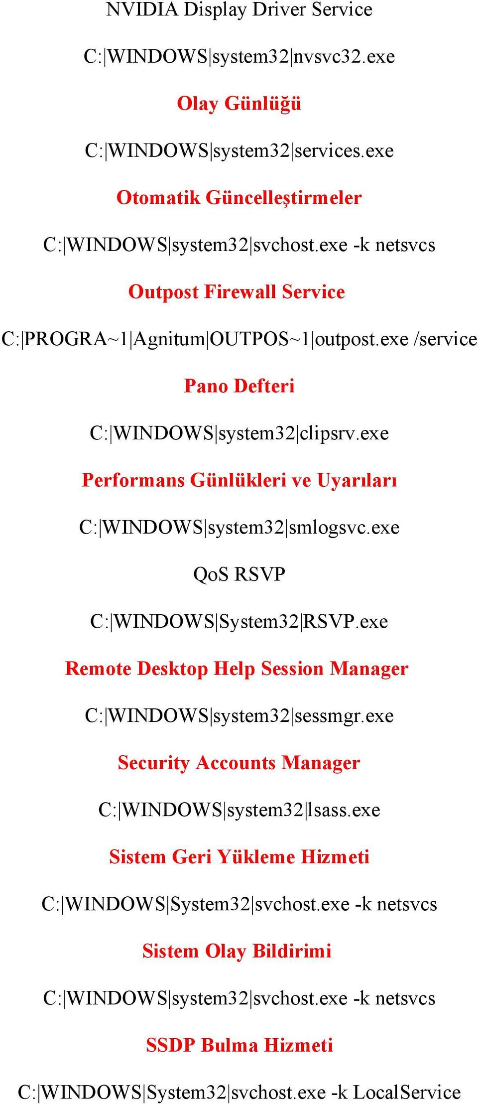 exe /service Pano Defteri C: WINDOWS system32 clipsrv.exe Performans Günlükleri ve Uyarıları C: WINDOWS system32 smlogsvc.