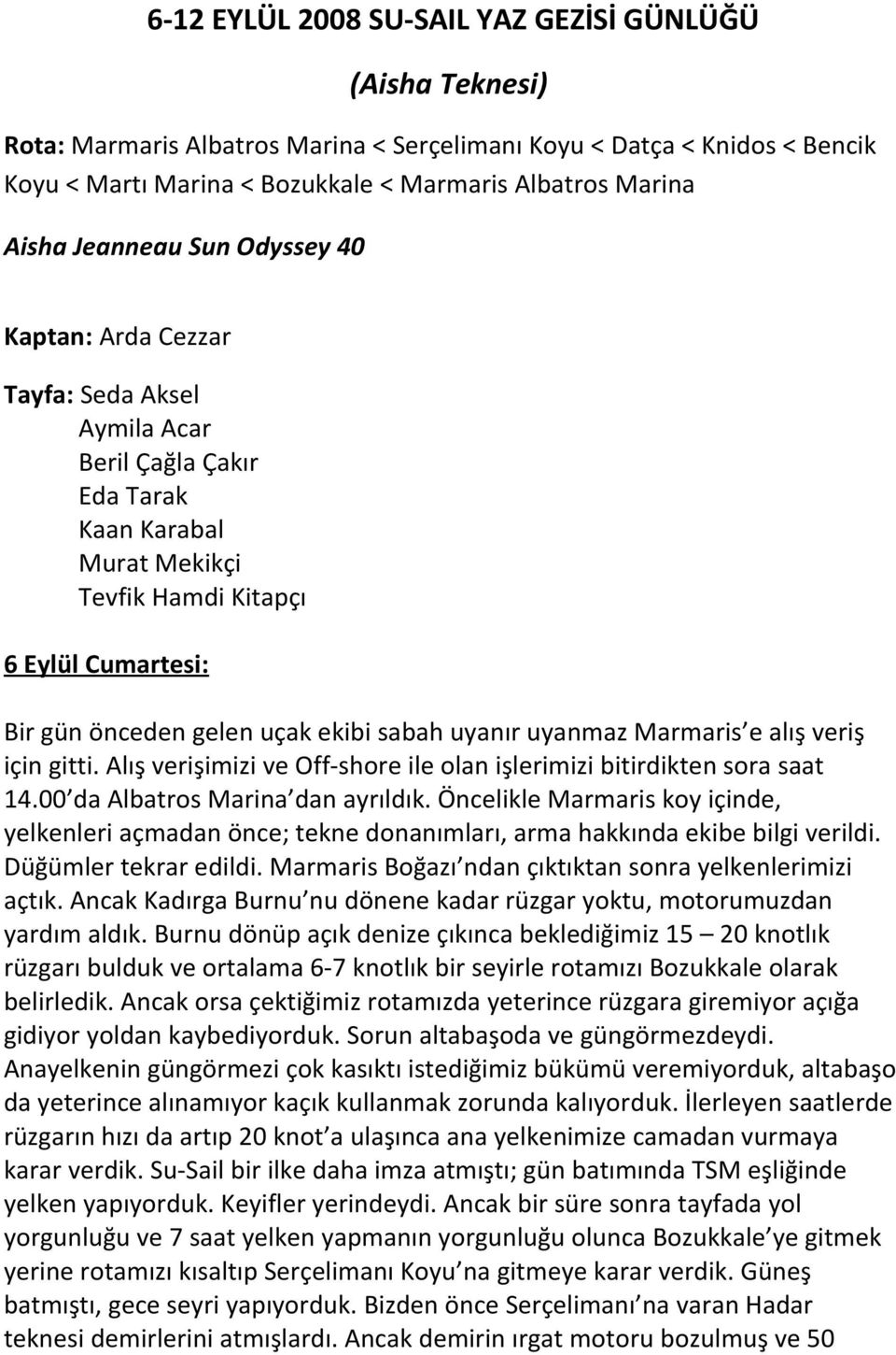 ekibi sabah uyanır uyanmaz Marmaris e alış veriş için gitti. Alış verişimizi ve Off-shore ile olan işlerimizi bitirdikten sora saat 14.00 da Albatros Marina dan ayrıldık.