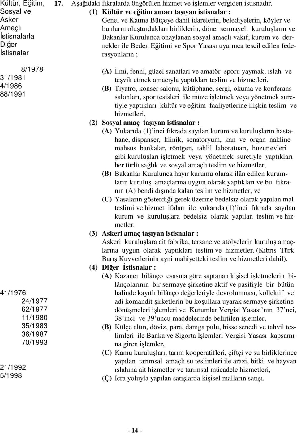 (1) Kültür ve eğitim amacı taşıyan istisnalar : Genel ve Katma Bütçeye dahil idarelerin, belediyelerin, köyler ve bunların oluşturdukları birliklerin, döner sermayeli kuruluşların ve Bakanlar