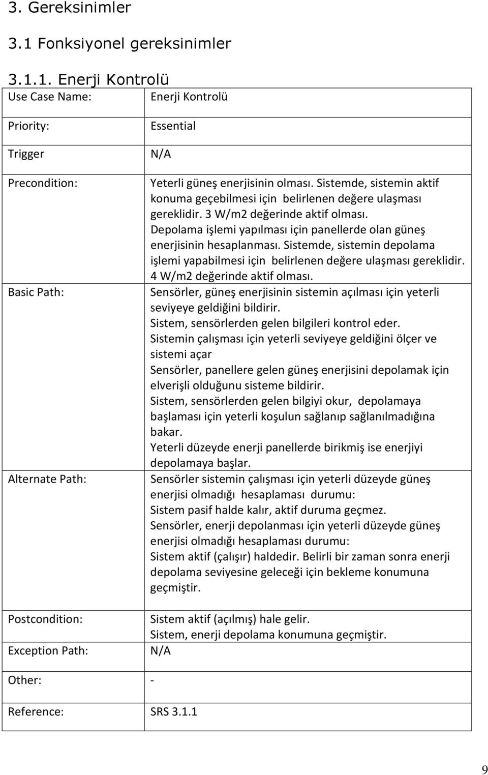 1. Enerji Kontrolü Use Case Name: Enerji Kontrolü Priority: Trigger Precondition: Basic Path: Alternate Path: Postcondition: Exception Path: Essential Yeterli güneş enerjisinin olması.