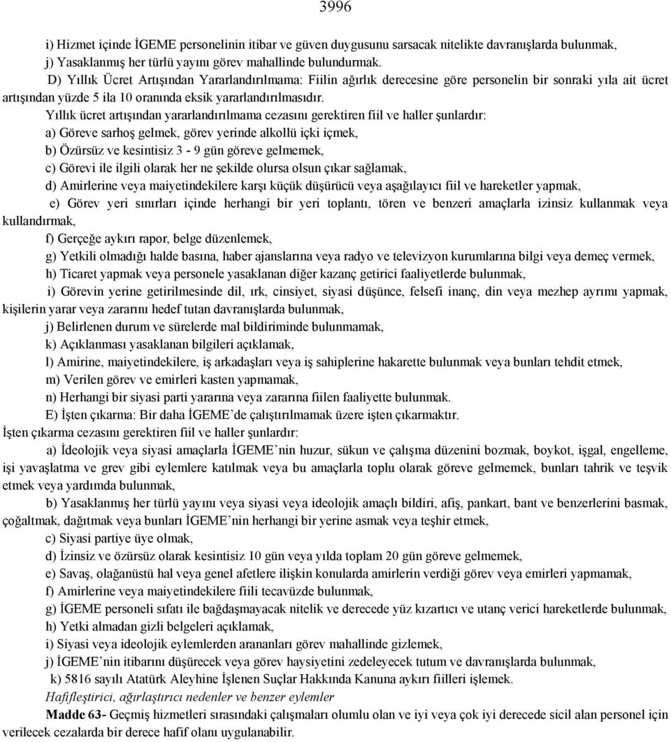 Yıllık ücret artışından yararlandırılmama cezasını gerektiren fiil ve haller şunlardır: a) Göreve sarhoş gelmek, görev yerinde alkollü içki içmek, b) Özürsüz ve kesintisiz 3-9 gün göreve gelmemek, c)