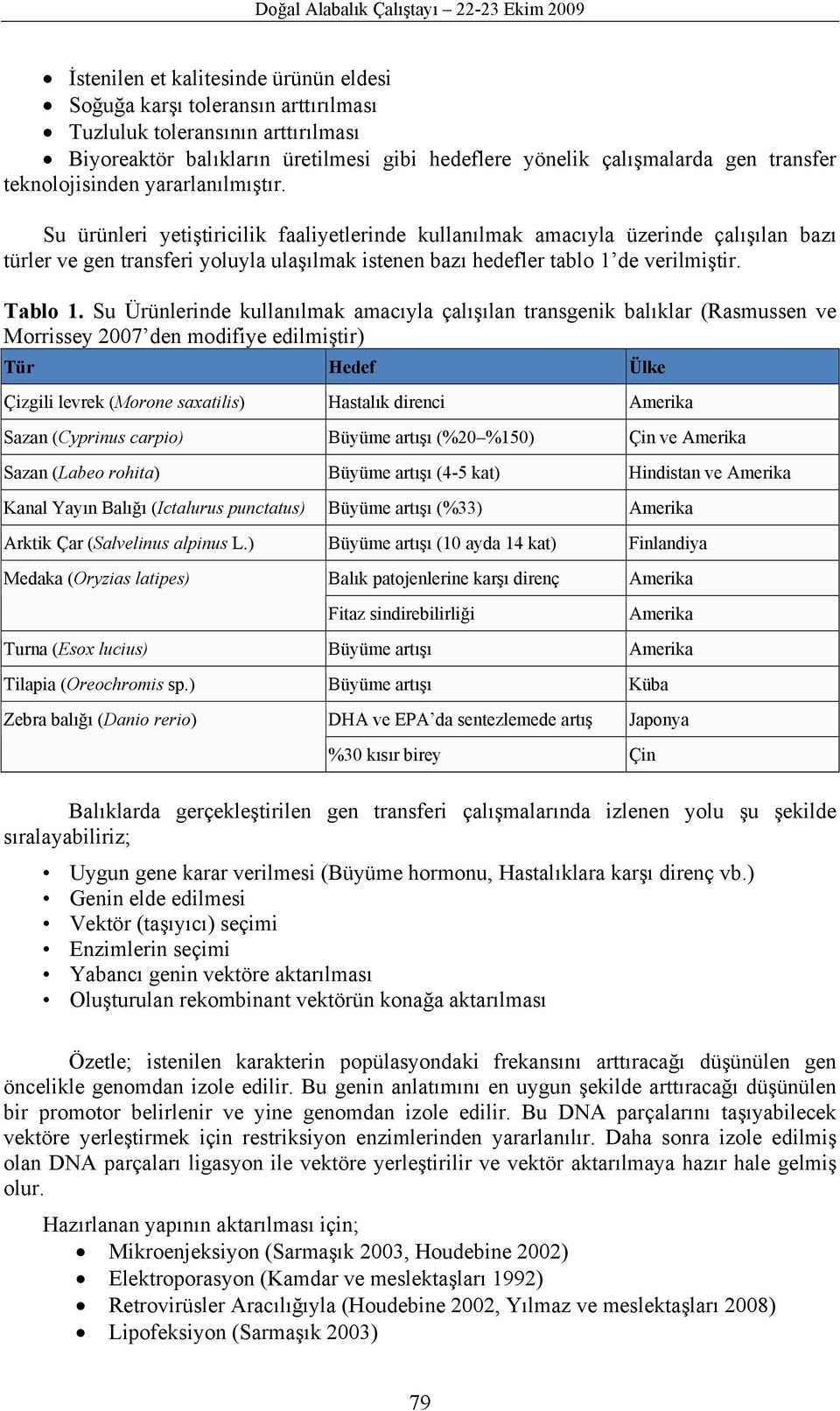 Su ürünleri yetiştiricilik faaliyetlerinde kullanılmak amacıyla üzerinde çalışılan bazı türler ve gen transferi yoluyla ulaşılmak istenen bazı hedefler tablo 1 de verilmiştir. Tablo 1.