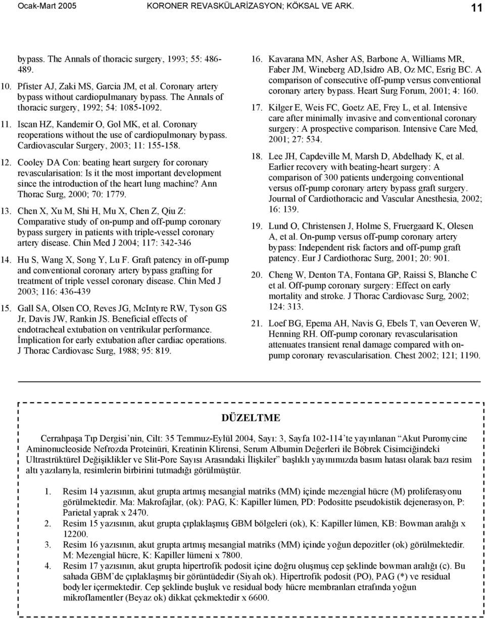 Coronary reoperations without the use of cardiopulmonary bypass. Cardiovascular Surgery, 2003; 11: 155-158. 12.