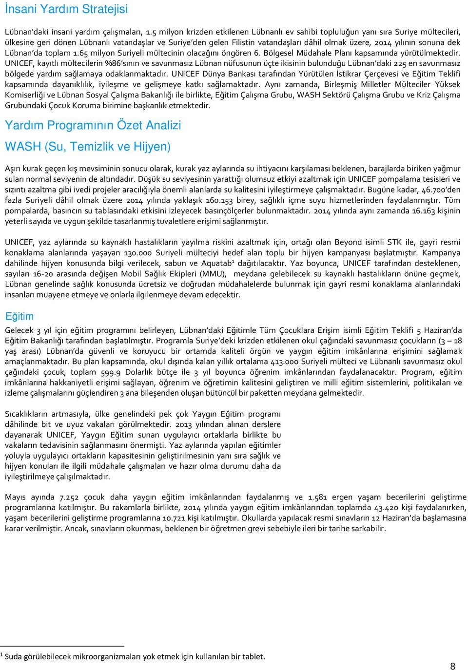 yılının sonuna dek Lübnan da toplam 1.65 milyon Suriyeli mültecinin olacağını öngören 6. Bölgesel Müdahale Planı kapsamında yürütülmektedir.