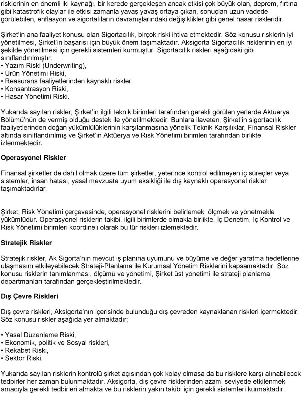 Söz konusu risklerin iyi yönetilmesi, Şirket in başarısı için büyük önem taşımaktadır. Aksigorta Sigortacılık risklerinin en iyi şekilde yönetilmesi için gerekli sistemleri kurmuştur.