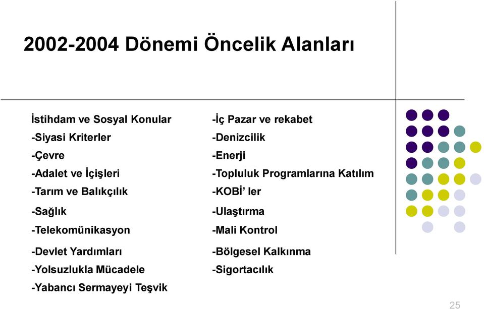 -Yolsuzlukla Mücadele -Yabancı Sermayeyi Teşvik -İç Pazar ve rekabet -Denizcilik -Enerji