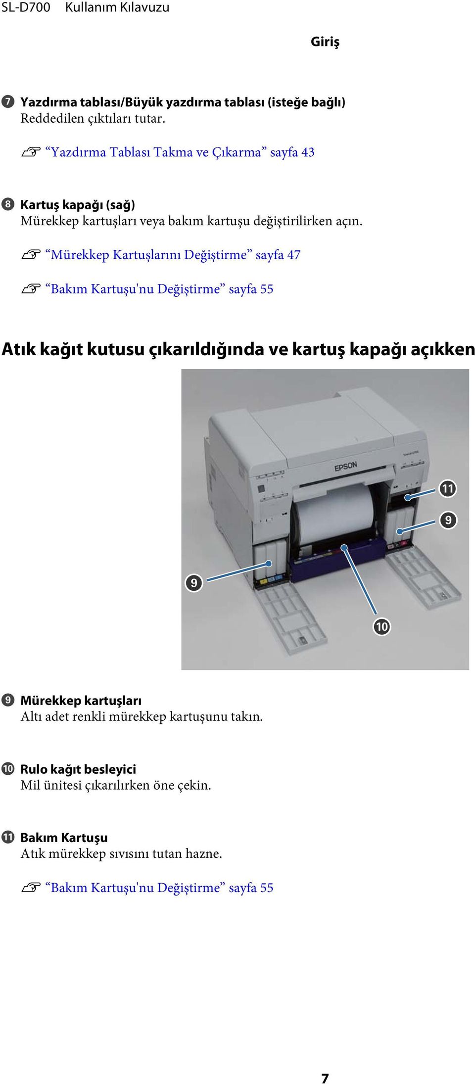 U Mürekkep Kartuşlarını Değiştirme sayfa 47 U Bakım Kartuşu'nu Değiştirme sayfa 55 Atık kağıt kutusu çıkarıldığında ve kartuş kapağı açıkken I