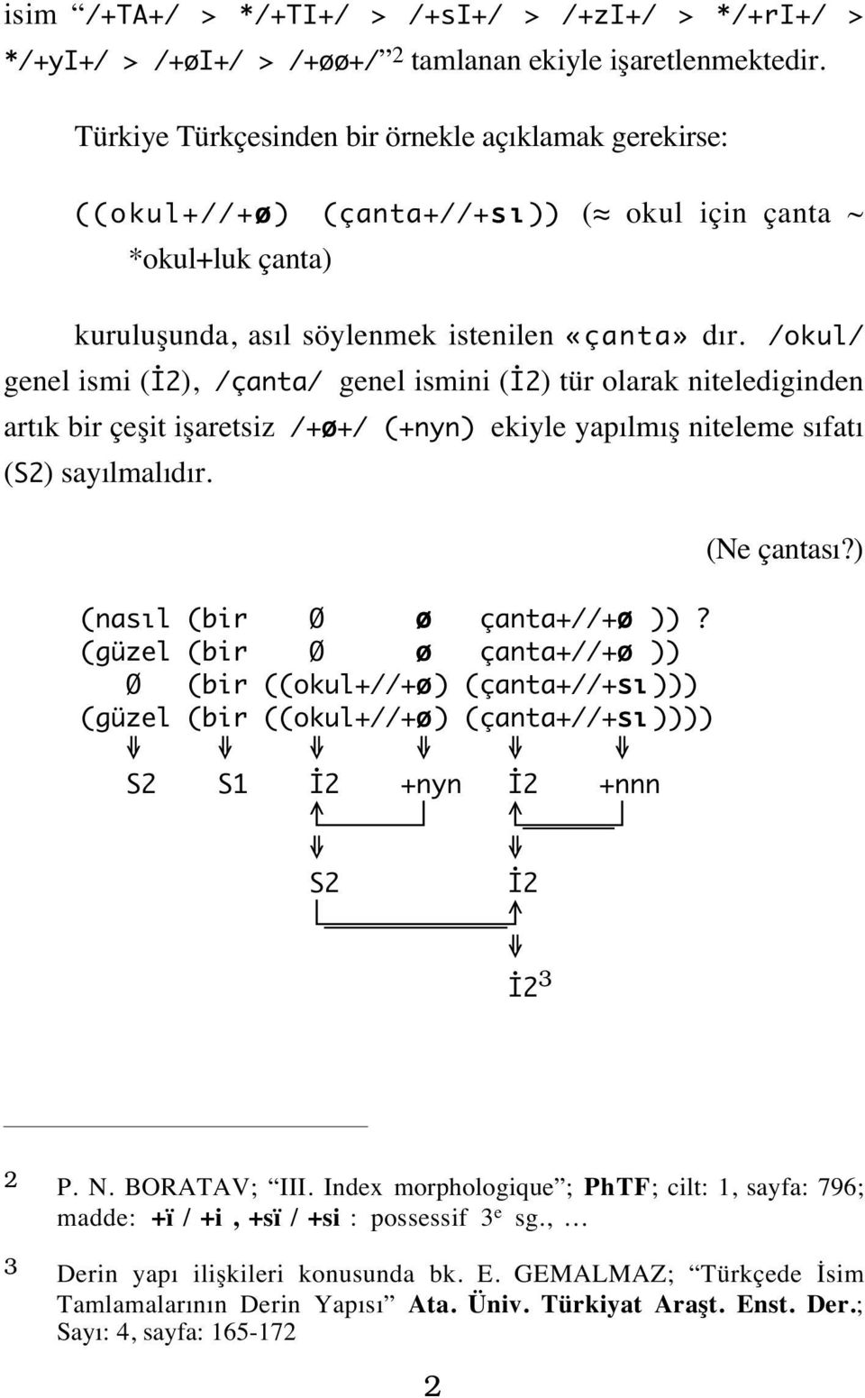 /okul/ genel ismi (İ2), /çanta/ genel ismini (İ2) tür olarak nitelediginden artık bir çeşit işaretsiz /+ø+/ (+nyn) ekiyle yapılmış niteleme sıfatı (S2) sayılmalıdır. (nasıl (bir Ø ø çanta+//+ø ))?