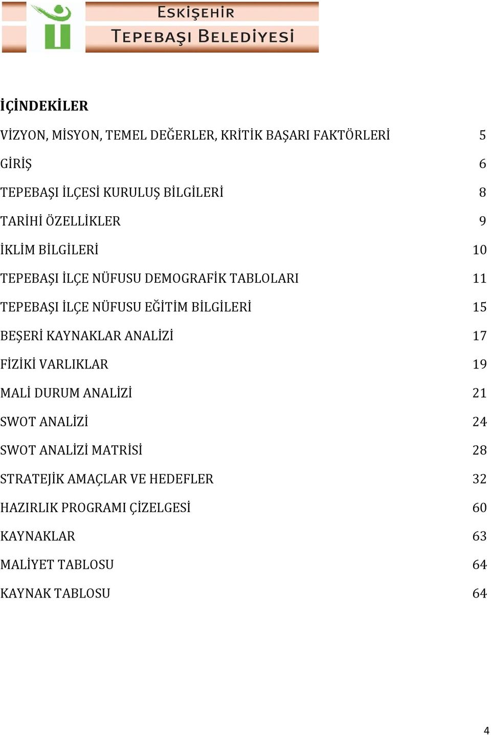 BİLGİLERİ 15 BEŞERİ KAYNAKLAR ANALİZİ 17 FİZİKİ VARLIKLAR 19 MALİ DURUM ANALİZİ 21 SWOT ANALİZİ 24 SWOT ANALİZİ