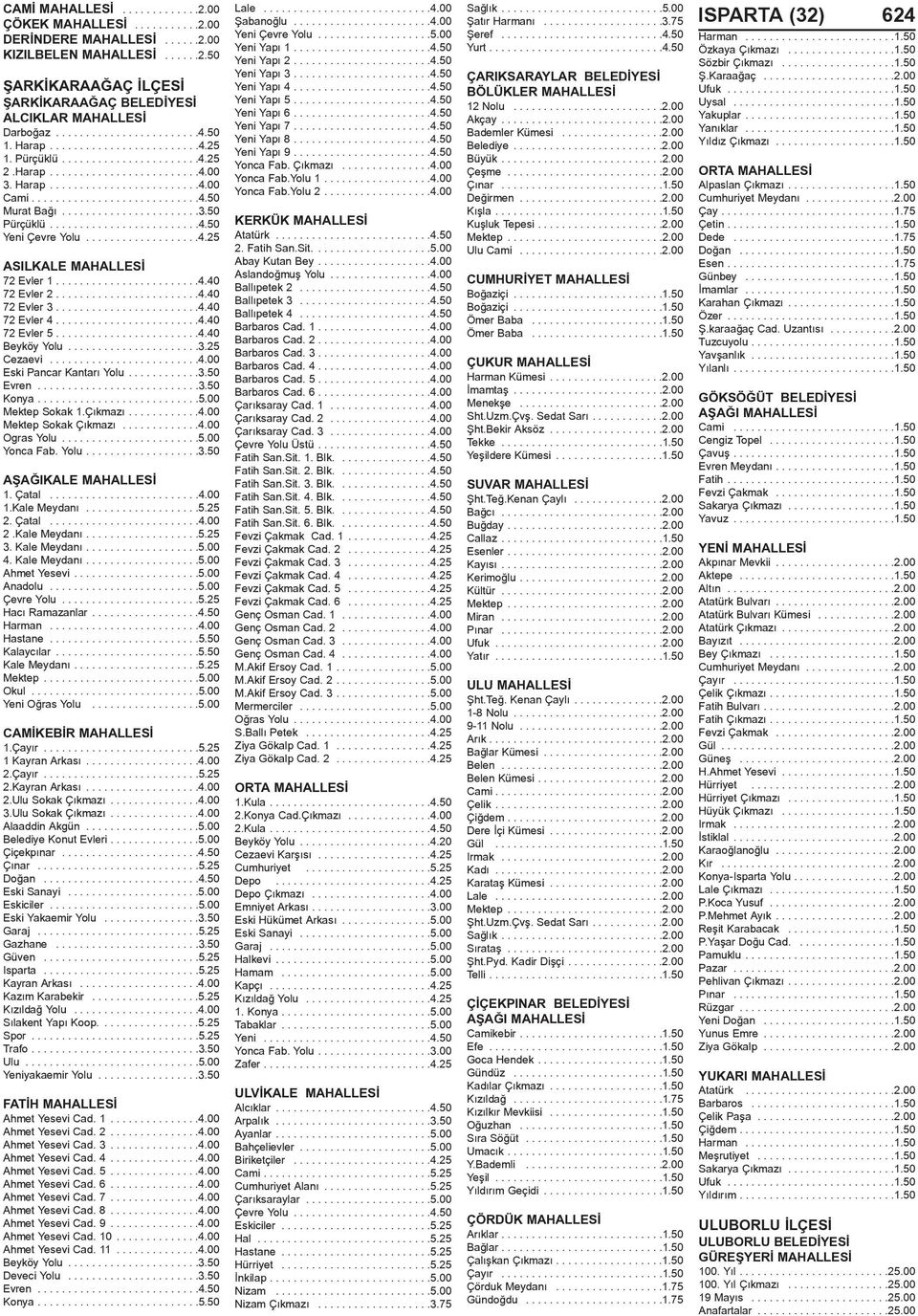 ......................3.50 Pürçüklü.........................4.50 Yeni Çevre Yolu...................4.25 ASILKALE MAHALLESÝ 72 Evler 1........................4.40 72 Evler 2........................4.40 72 Evler 3.