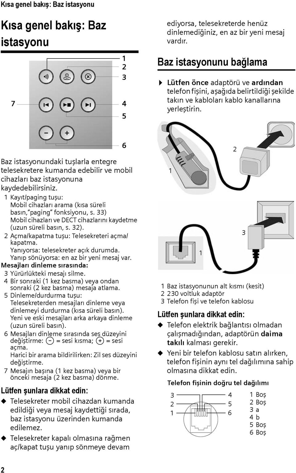 Baz istasyonundaki tuşlarla entegre telesekretere kumanda edebilir ve mobil cihazları baz istasyonuna kaydedebilirsiniz.