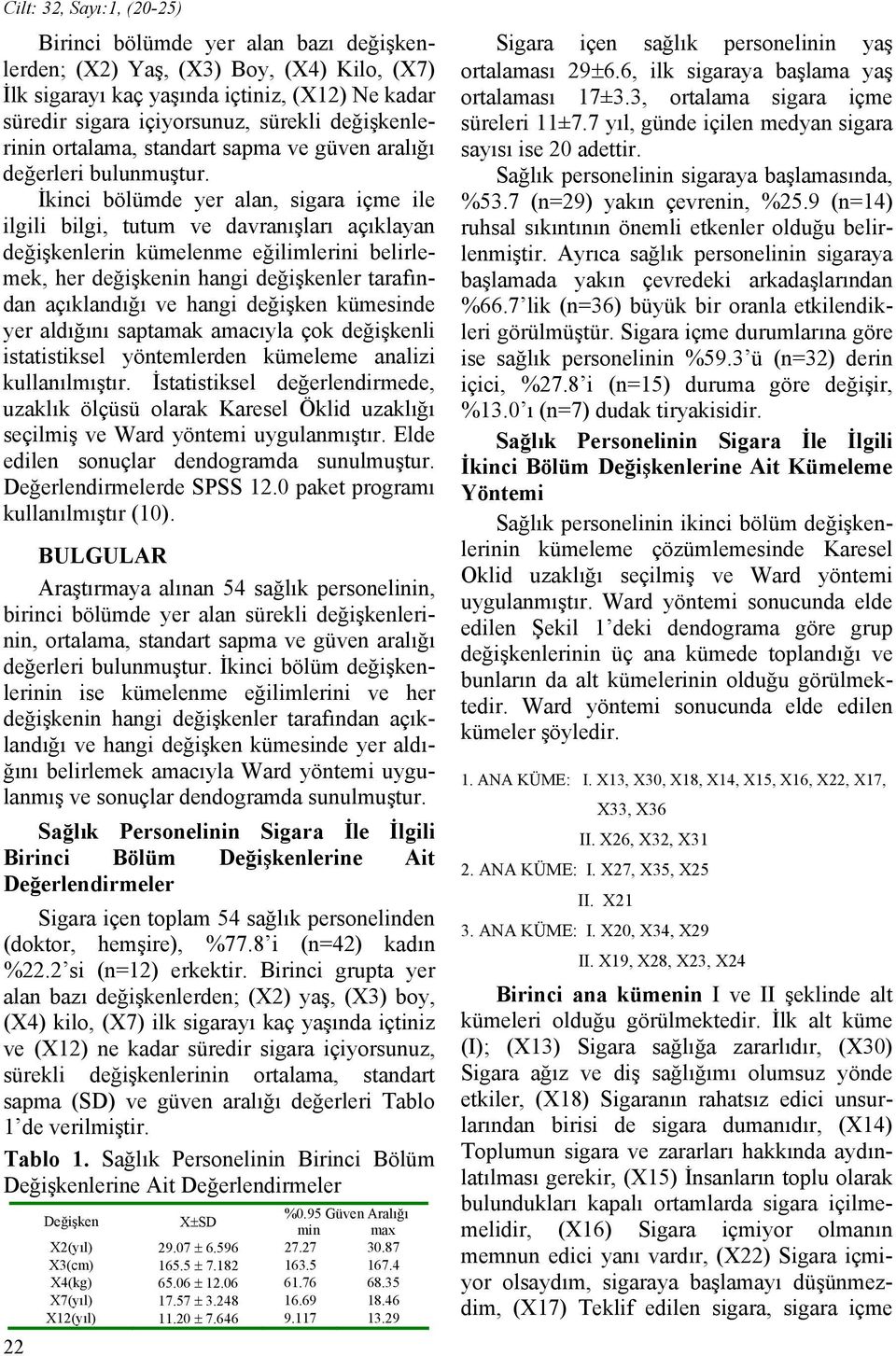 İkinci bölümde yer alan, sigara içme ile ilgili bilgi, tutum ve davranışları açıklayan değişkenlerin kümelenme eğilimlerini belirlemek, her değişkenin hangi değişkenler tarafından açıklandığı ve