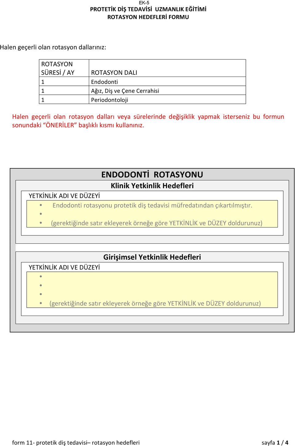 ENDODONTİ ROTASYONU Klinik Yetkinlik Hedefleri YETKİNLİK ADI VE DÜZEYİ Endodonti rotasyonu protetik diş tedavisi müfredatından çıkartılmıştır.