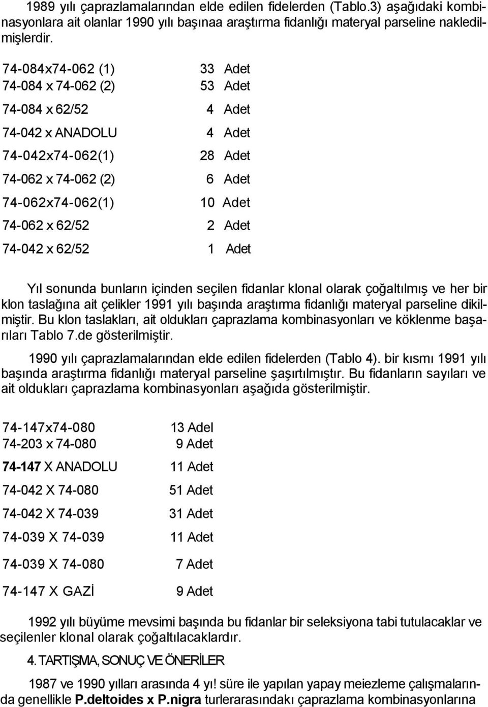 74-042 x 62/52 1 Adet Yıl sonunda bunların içinden seçilen fidanlar klonal olarak çoğaltılmış ve her bir klon taslağına ait çelikler 1991 yılı başında araştırma fidanlığı materyal parseline