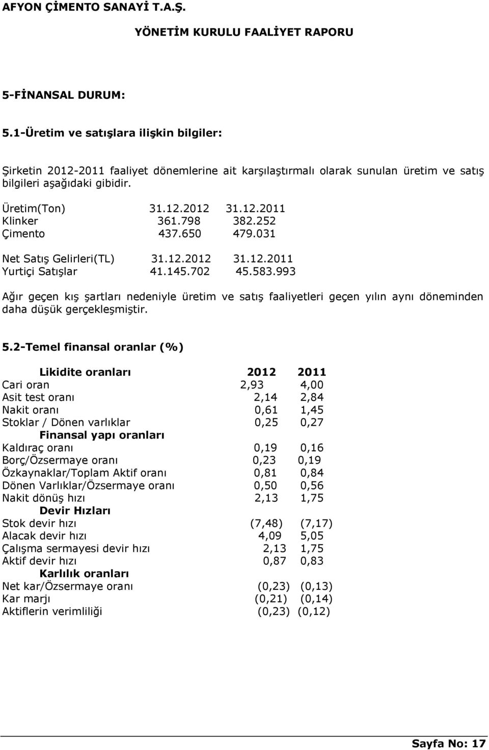 993 Ağır geçen kış şartları nedeniyle üretim ve satış faaliyetleri geçen yılın aynı döneminden daha düşük gerçekleşmiştir. 5.