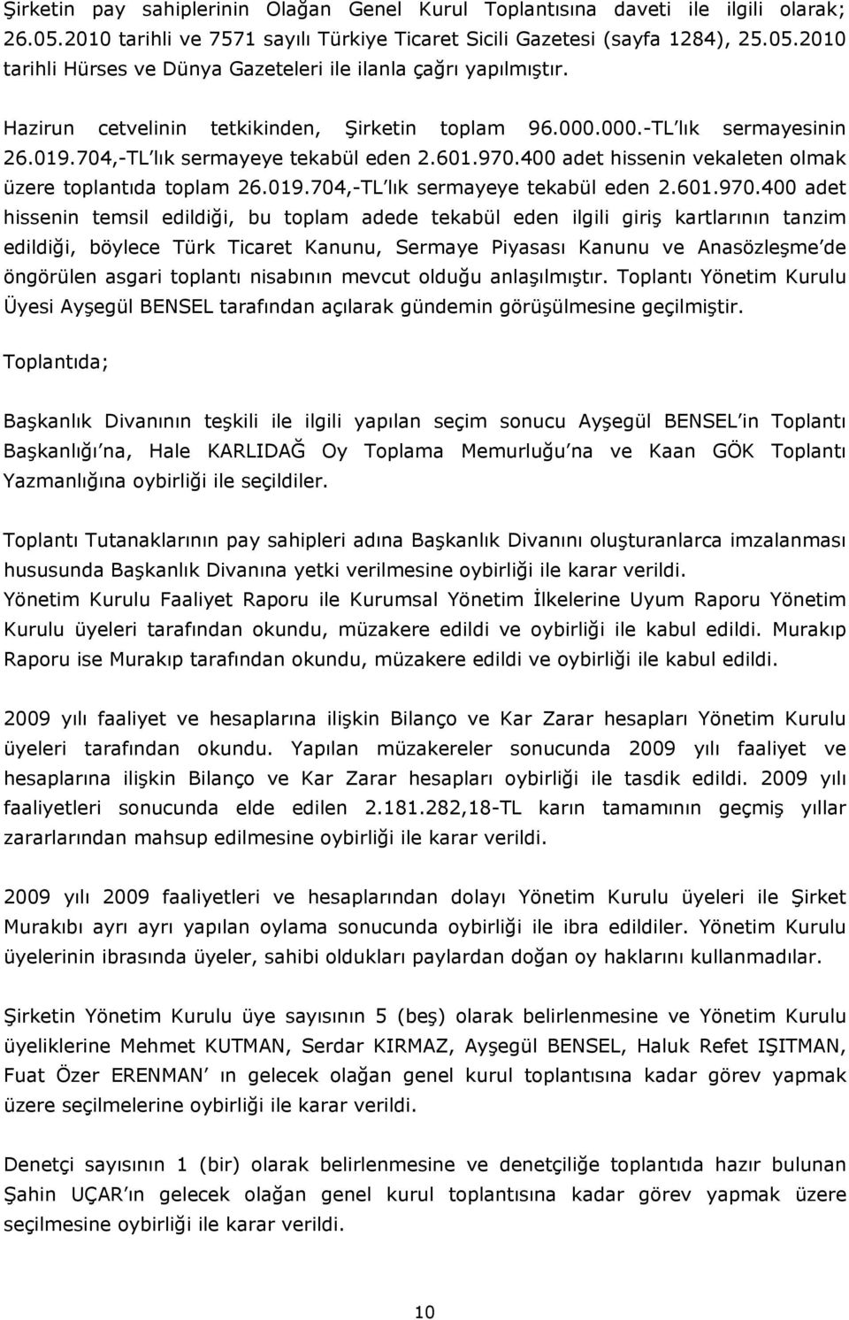 400 adet hissenin vekaleten olmak üzere toplantıda toplam 26.019.704,-TL lık sermayeye tekabül eden 2.601.970.