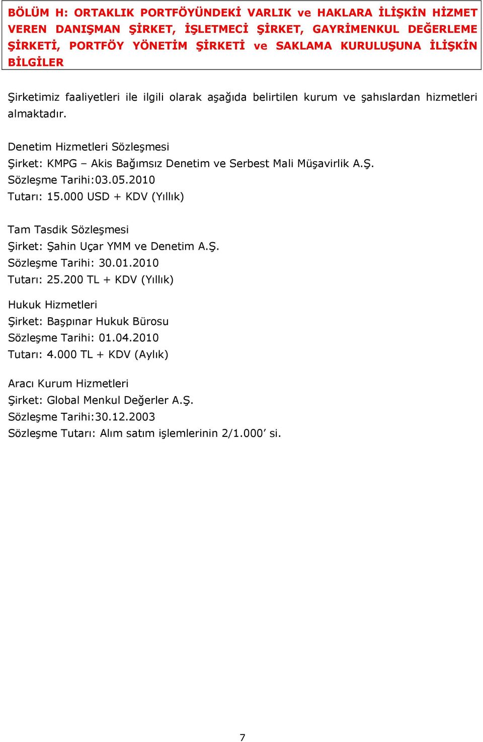 Ş. Sözleşme Tarihi:03.05.2010 Tutarı: 15.000 USD + KDV (Yıllık) Tam Tasdik Sözleşmesi Şirket: Şahin Uçar YMM ve Denetim A.Ş. Sözleşme Tarihi: 30.01.2010 Tutarı: 25.