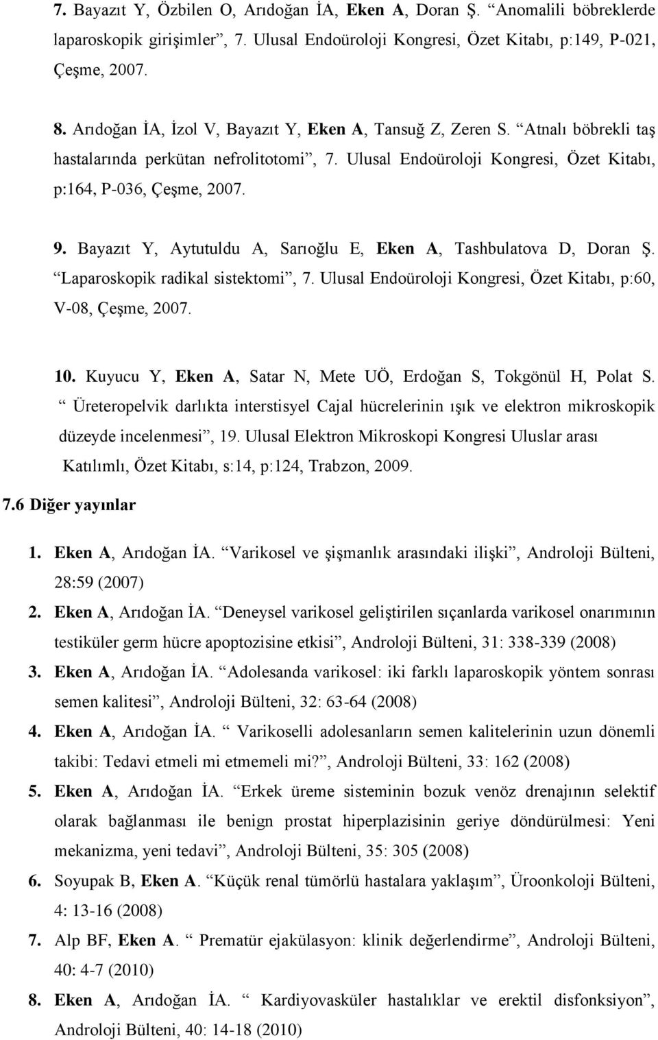 Bayazıt Y, Aytutuldu A, Sarıoğlu E, Eken A, Tashbulatova D, Doran Ş. Laparoskopik radikal sistektomi, 7. Ulusal Endoüroloji Kongresi, Özet Kitabı, p:60, V08, Çeşme, 2007. 10.