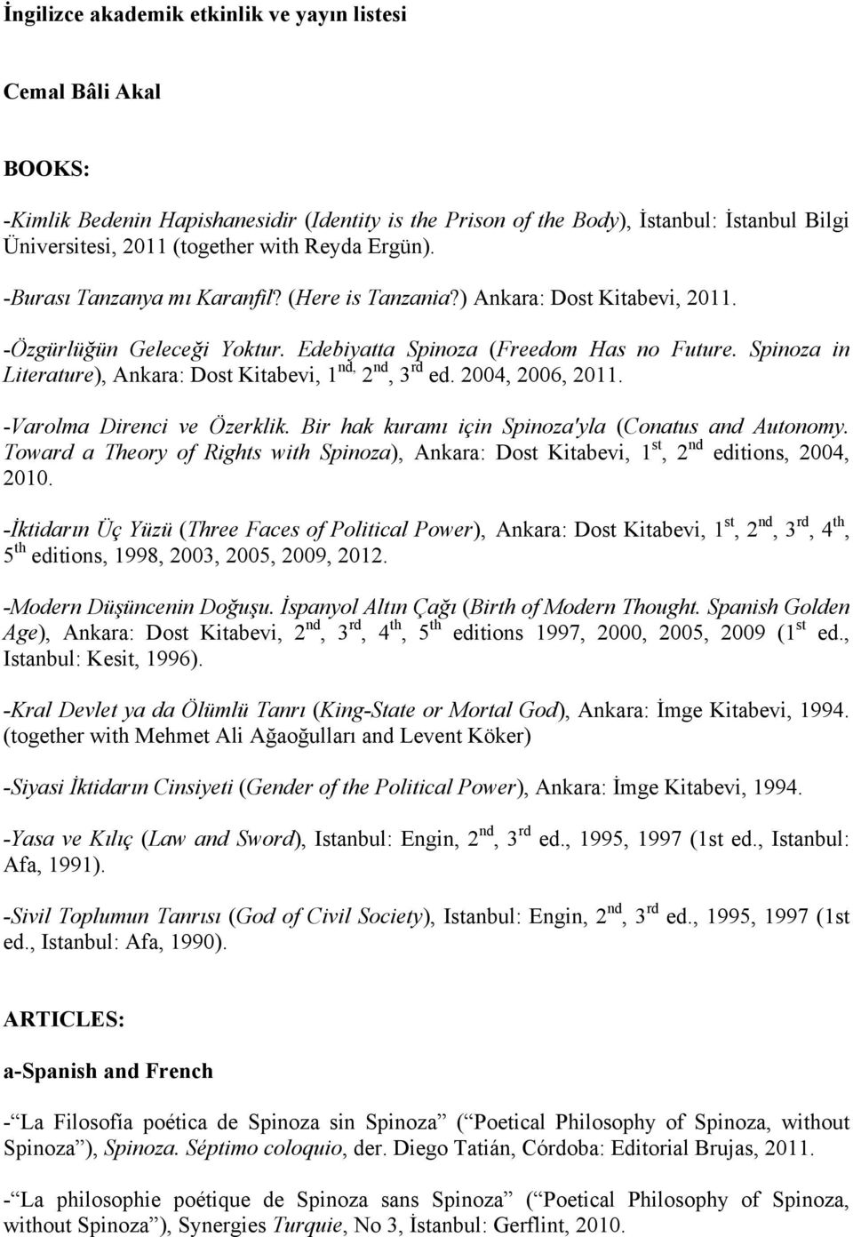 Spinoza in Literature), Ankara: Dost Kitabevi, 1 nd, 2 nd, 3 rd ed. 2004, 2006, 2011. -Varolma Direnci ve Özerklik. Bir hak kuramı için Spinoza'yla (Conatus and Autonomy.