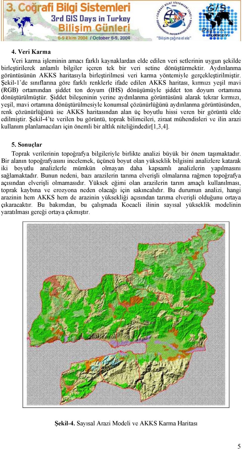 Şekil-1 de sınıflarına göre farklı renklerle ifade edilen AKKS haritası, kırmızı yeşil mavi (RGB) ortamından şiddet ton doyum (IHS) dönüşümüyle şiddet ton doyum ortamına dönüştürülmüştür.