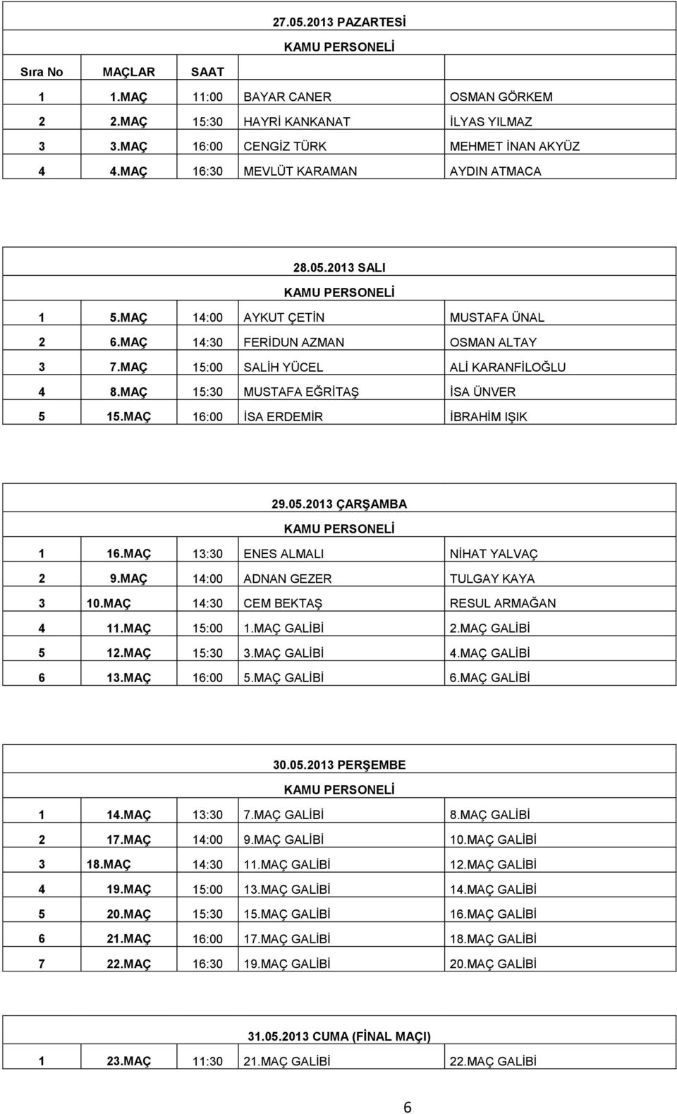 MAÇ 15:30 MUSTAFA EĞRİTAŞ İSA ÜNVER 5 15.MAÇ 16:00 İSA ERDEMİR İBRAHİM IŞIK 29.05.2013 ÇARŞAMBA KAMU PERSONELİ 1 16.MAÇ 13:30 ENES ALMALI NİHAT YALVAÇ 2 9.MAÇ 14:00 ADNAN GEZER TULGAY KAYA 3 10.