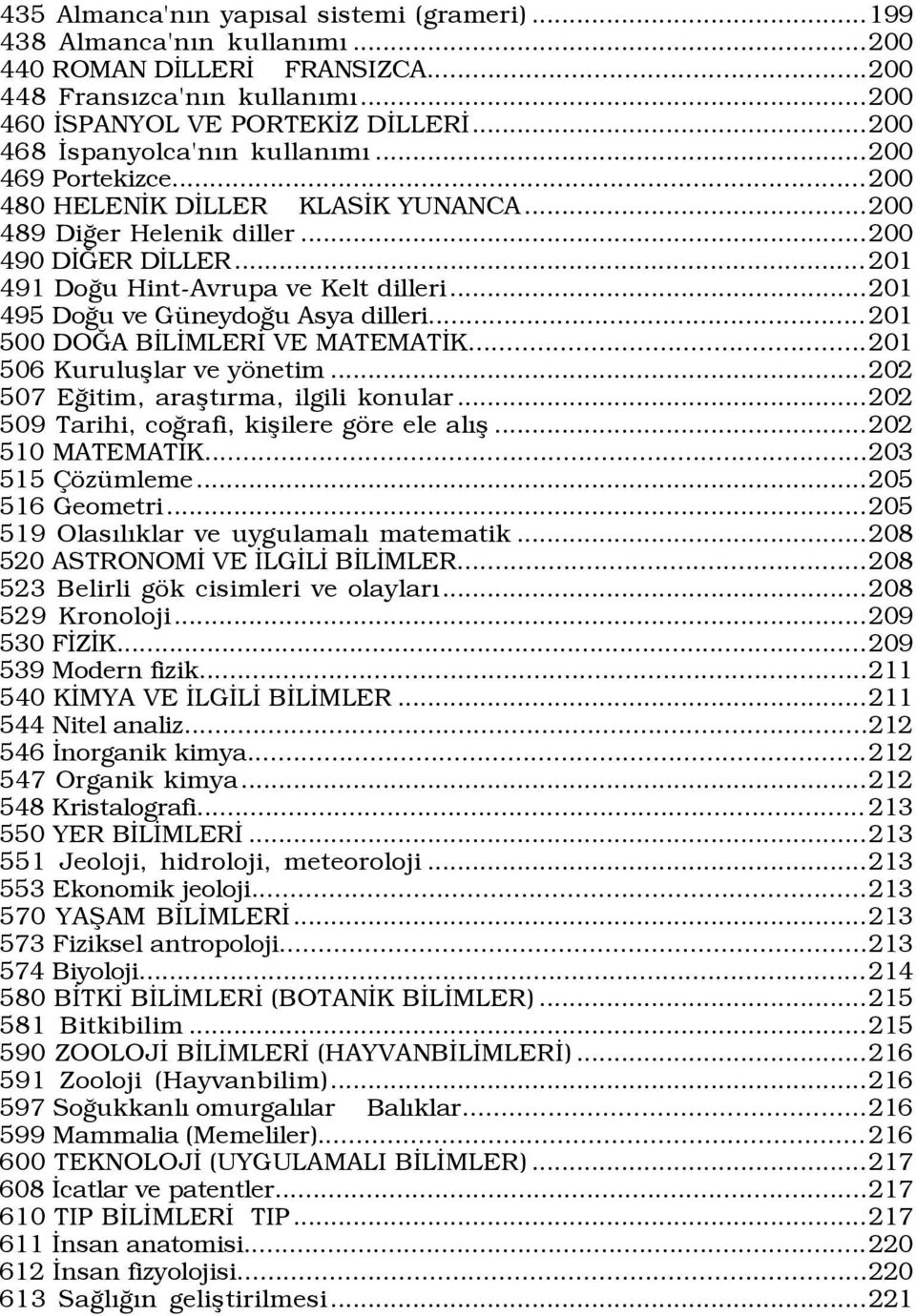 ..201 495 DoÛu ve GŸneydoÛu Asya dilleri...201 500 DOÚA BÜLÜMLERÜ VE MATEMATÜK...201 506 Kurulußlar ve yšnetim...202 507 EÛitim, araßtýrma, ilgili konular.