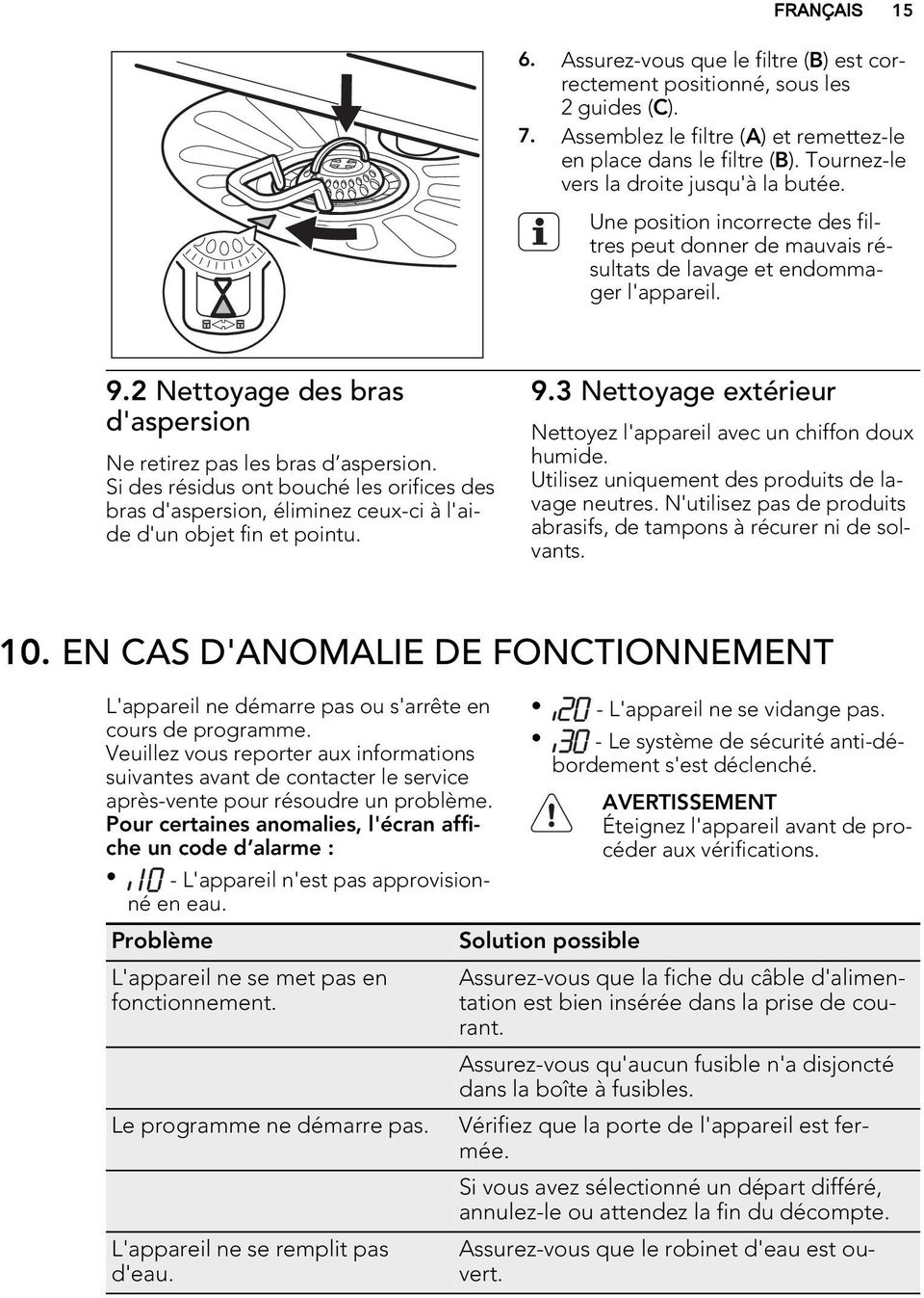 2 Nettoyage des bras d'aspersion Ne retirez pas les bras d aspersion. Si des résidus ont bouché les orifices des bras d'aspersion, éliminez ceux-ci à l'aide d'un objet fin et pointu. 9.