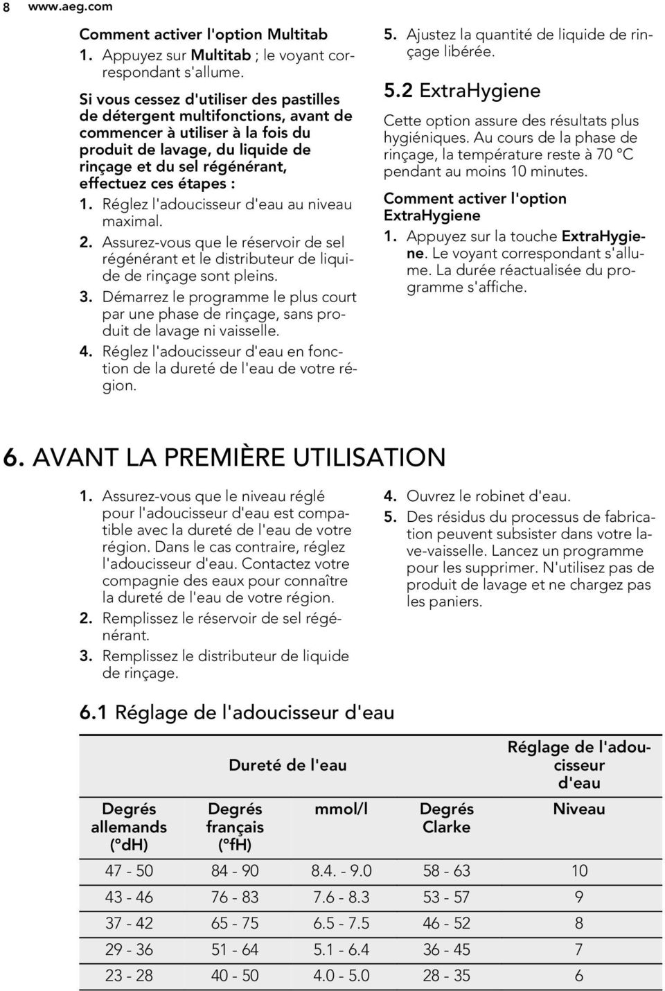 Réglez l'adoucisseur d'eau au niveau maximal. 2. Assurez-vous que le réservoir de sel régénérant et le distributeur de liquide de rinçage sont pleins. 3.