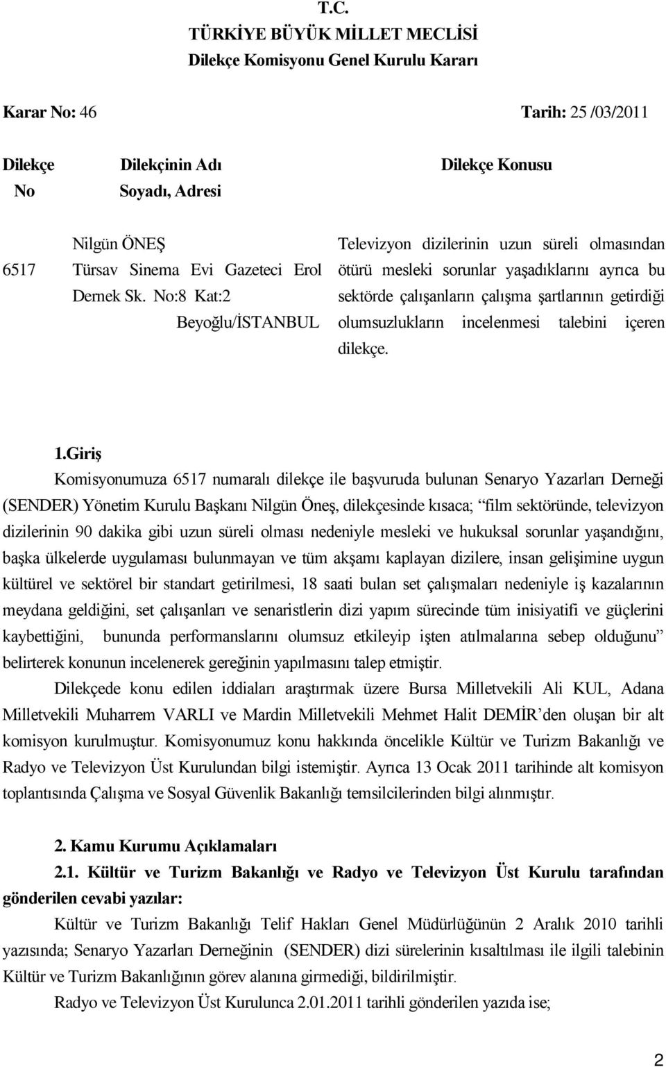 No:8 Kat:2 Beyoğlu/İSTANBUL Televizyon dizilerinin uzun süreli olmasından ötürü mesleki sorunlar yaşadıklarını ayrıca bu sektörde çalışanların çalışma şartlarının getirdiği olumsuzlukların