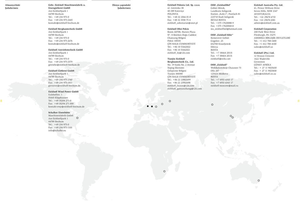 : +49 234 975-0 Fax: +49 234 975-2579 getriebe@eickhoff-bochum.de 30 Eickhoff Gießerei GmbH Am Eickhoffpark 1 44789 Bochum Tel.: +49 234 975-2760 Fax: +49 234 975-2411 giesserei@eickhoff-bochum.