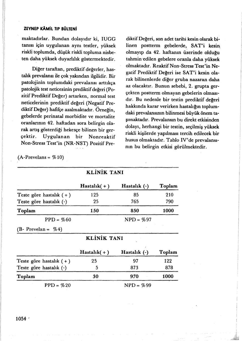 Bir patolojinin toplumdaki prevalansı arttıkça patolojik test neticesinin prediktif değeri (Pozitif Prediktif Değer) artarken, nor~al test neticelerinin prediktif değeri (Negatif Pre diktifdeğer)