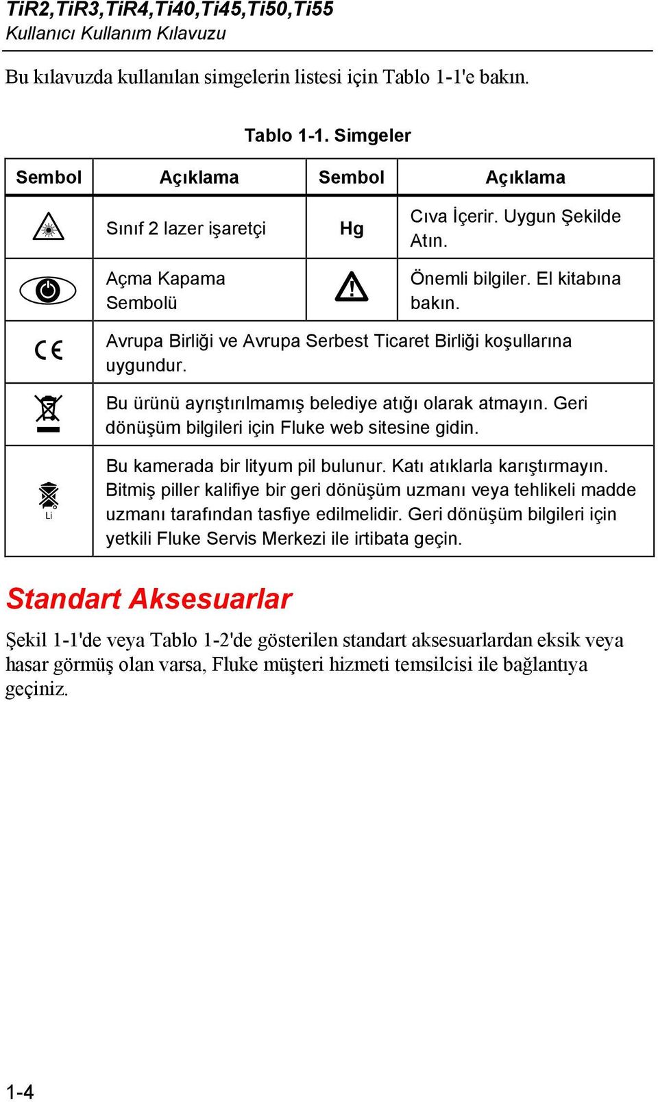 Bu ürünü ayrıştırılmamış belediye atığı olarak atmayın. Geri dönüşüm bilgileri için Fluke web sitesine gidin. Bu kamerada bir lityum pil bulunur. Katı atıklarla karıştırmayın.