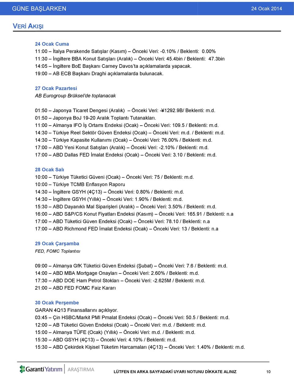 27 Ocak Pazartesi AB Eurogroup Brüksel de toplanacak 01:50 Japonya Ticaret Dengesi (Aralık) Önceki Veri: - 1292.9B/ Beklenti: m.d. 01:50 Japonya BoJ 19-20 Aralık Toplantı Tutanakları.