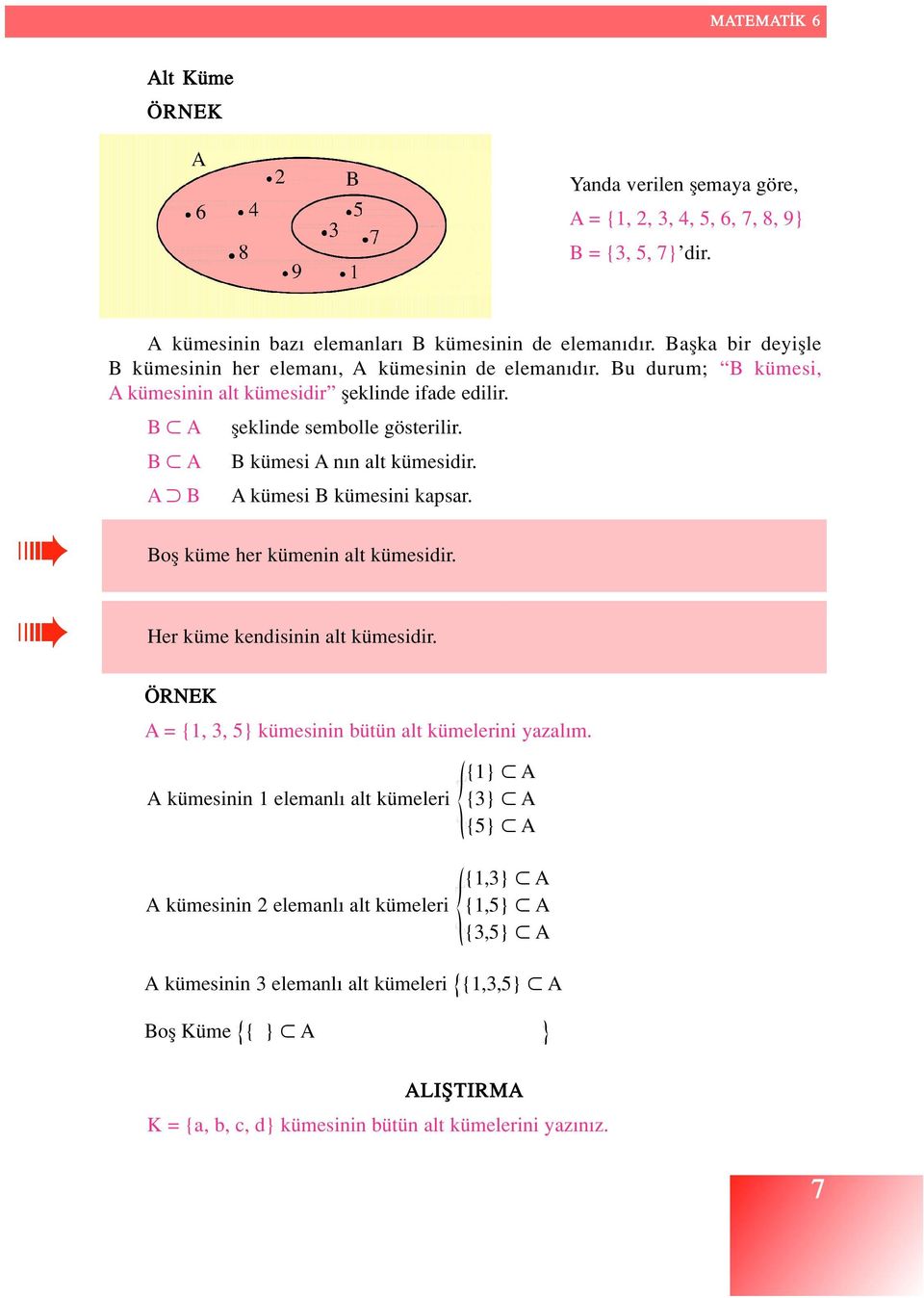 B kümesi A n n alt kümesidir. A kümesi B kümesini kapsar. Bofl küme her kümenin alt kümesidir. Her küme kendisinin alt kümesidir. A = {1, 3, 5} kümesinin bütün alt kümelerini yazal m.